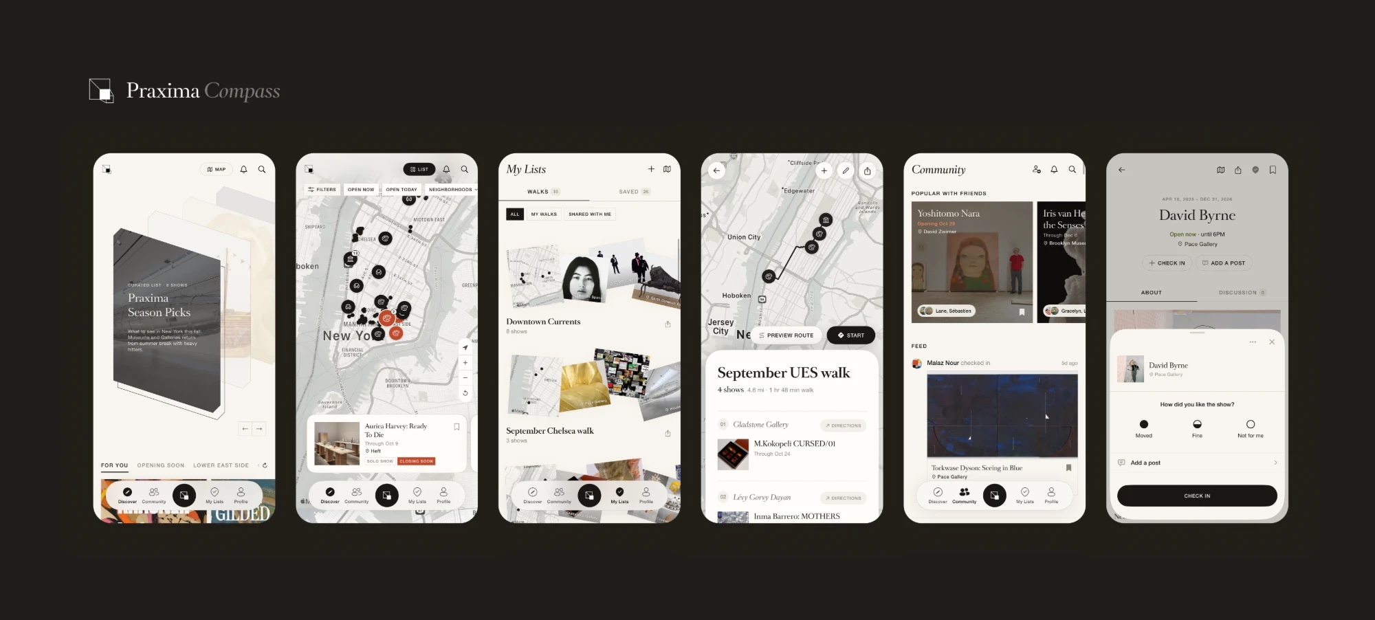 Six screens from Praxima Compass: a curated Season Picks list, shows on the map, My Lists, a planned walk with turn-by-turn stops, the community feed, and a show page with the check-in sheet open