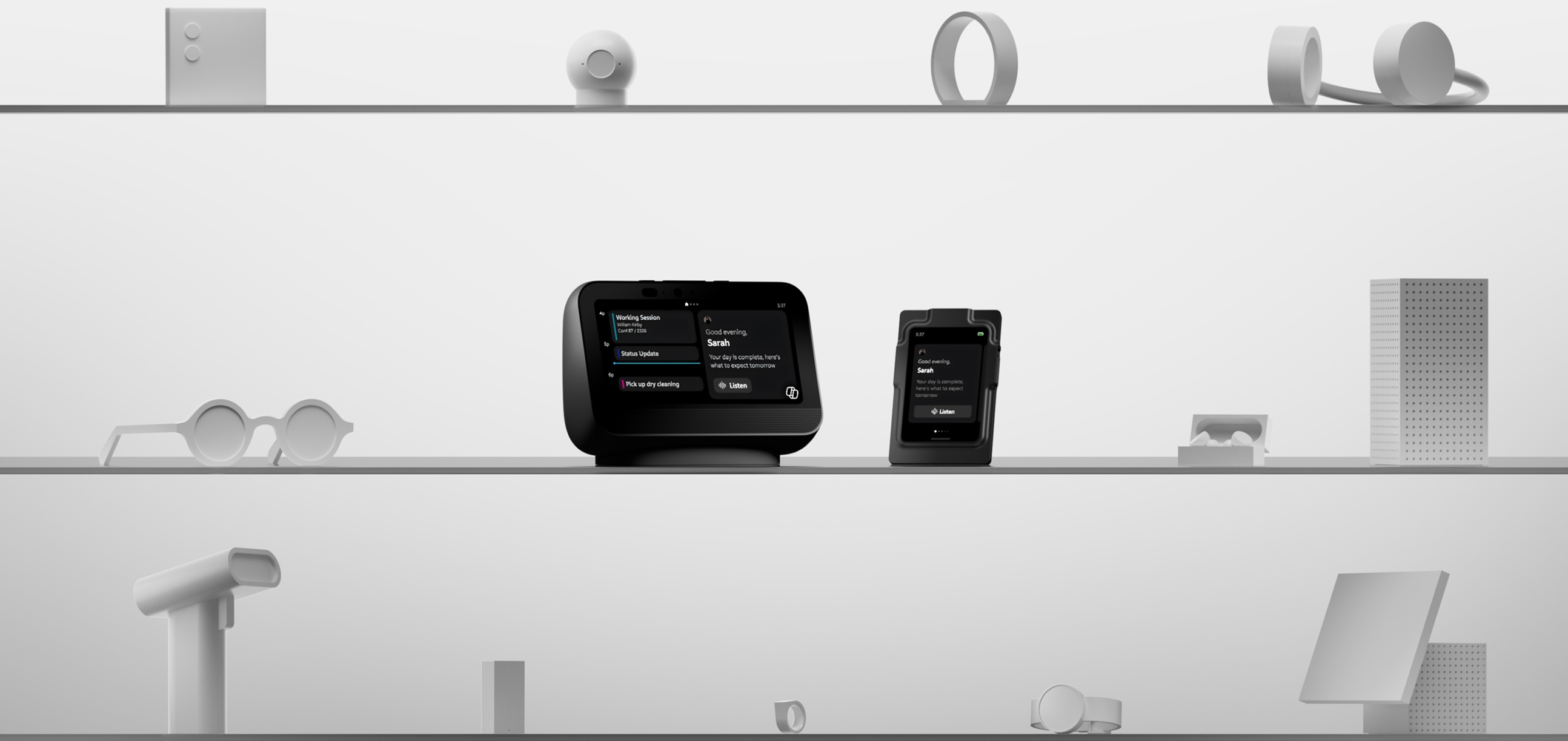 Project Solara devices arranged on a light studio shelf