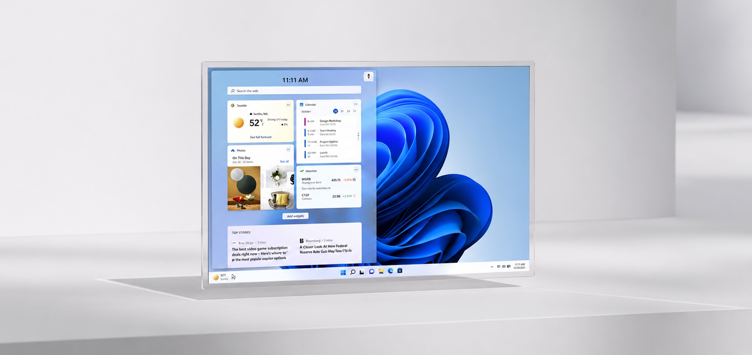 The Windows 11 Widgets board open on a laptop